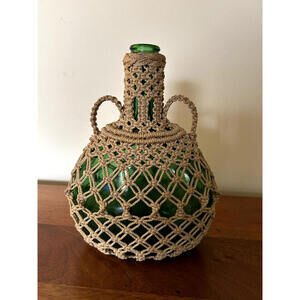 Macrame Wrapped Green Glass Bottle Vase with Handles (Mid-Century Modern)